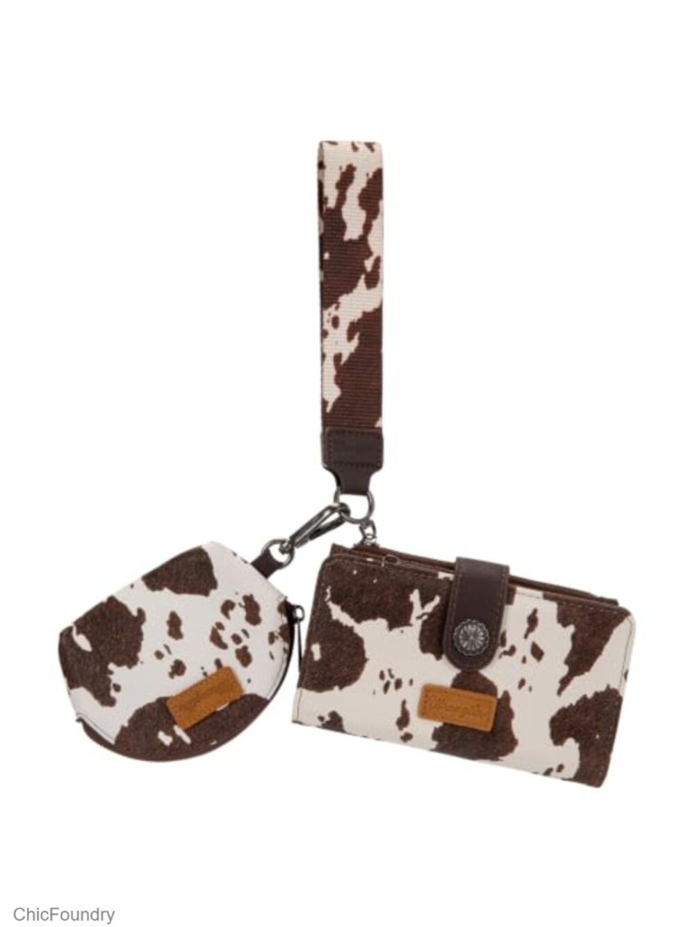 Vegan Leather RFID Wristlet Wallet Dual Pouch Western Cow Print